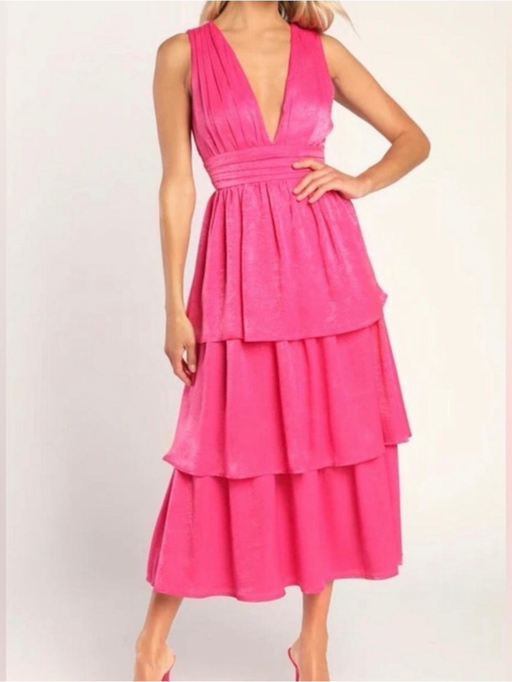 Lulu's Hot Pink Plunging V-Neck Tiered Midi Dress